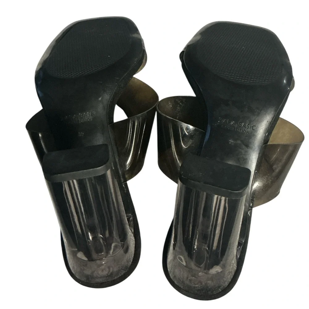 Zara Black Transparent Square Toes Vinyl Straps Square Sandals Size 39 US 8.5 - Picture 9 of 11